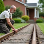 Homme en tenue de travail posant une bordure en bois dans le jardin