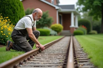Homme en tenue de travail posant une bordure en bois dans le jardin