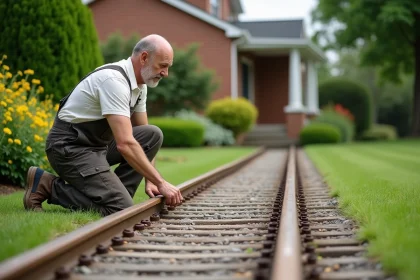Homme en tenue de travail posant une bordure en bois dans le jardin