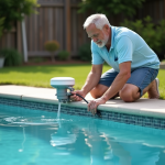 Homme vérifiant le niveau d'eau de la piscine extérieure