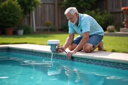 Homme vérifiant le niveau d'eau de la piscine extérieure