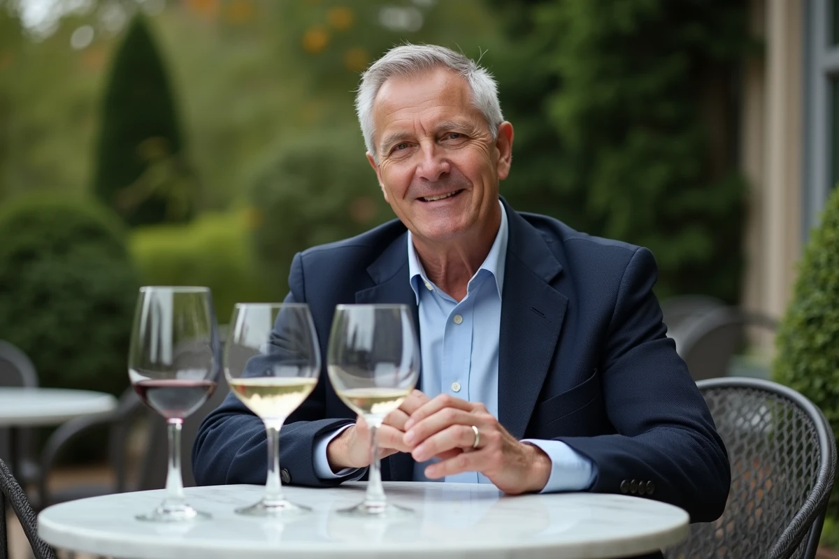 Homme en blazer montrant la disposition des verres de vin en extérieur