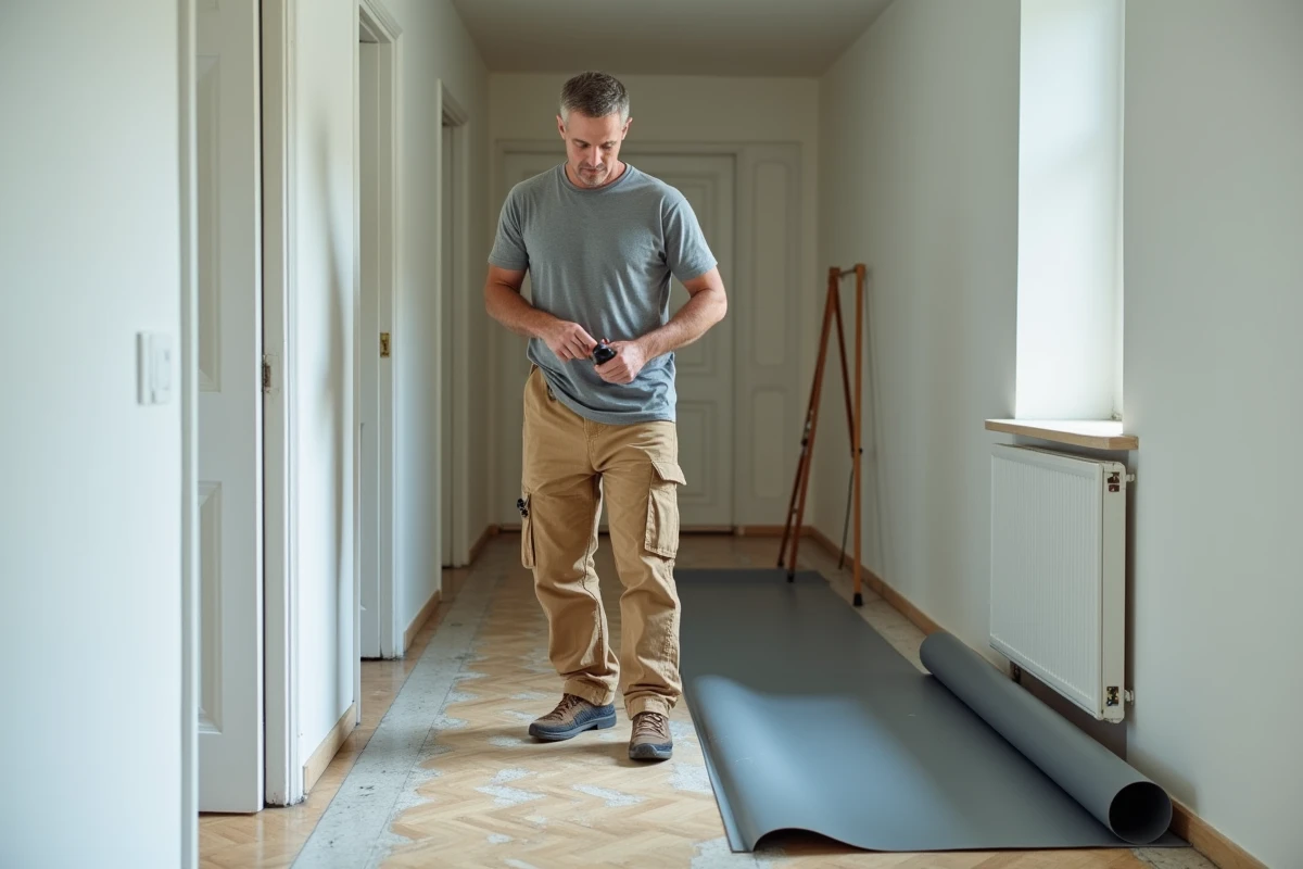 Homme posant du PVC gris dans un couloir d appartement