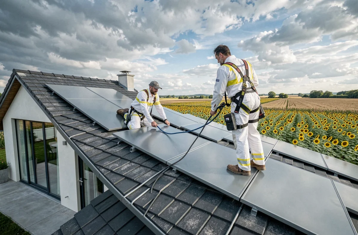 Techniciens Innovasun posant des équipements de pompe à chaleur solaire sur un toit en Charente