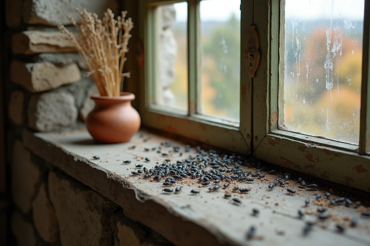 Appui de fenêtre en bois d'une vieille ferme envahi par de petits insectes noirs avec un paysage automnal en arrière-plan
