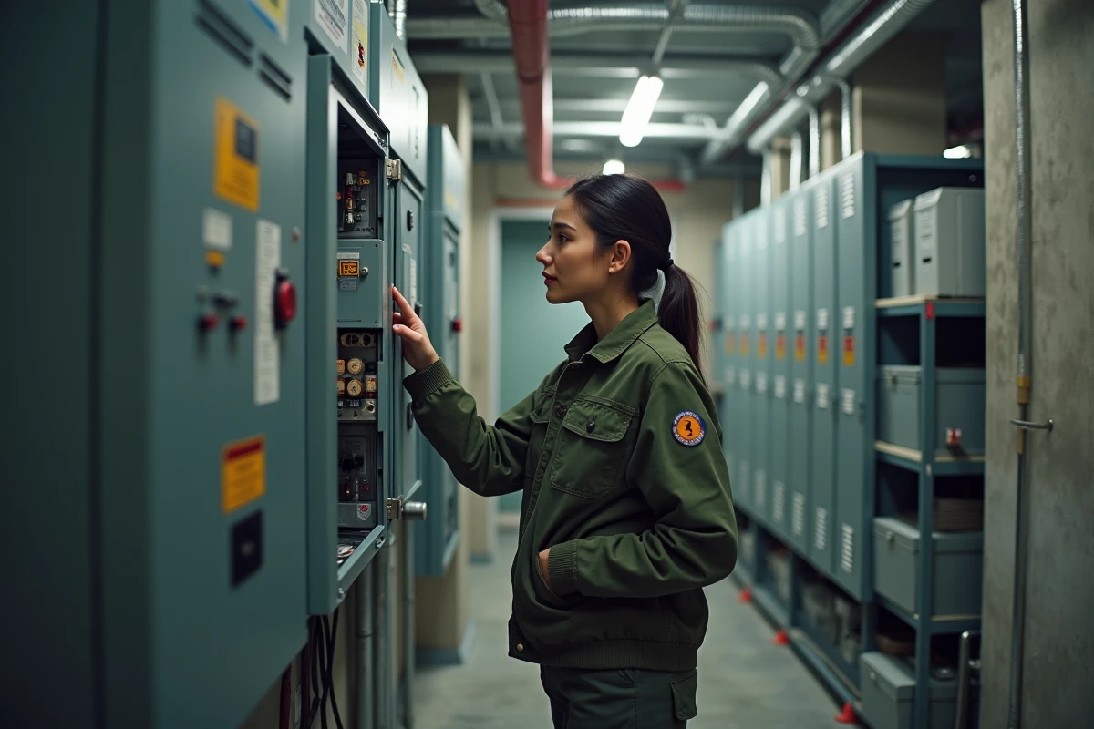 Femme inspectant un équipement électrique en intérieur