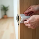 Inspection d'une pince protège-doigt de porte en caoutchouc montée sur une porte intérieure en bois, mains adultes vérifiant l'usure du joint