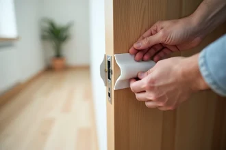 Inspection d'une pince protège-doigt de porte en caoutchouc montée sur une porte intérieure en bois, mains adultes vérifiant l'usure du joint
