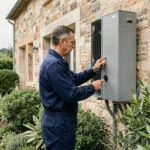 Technicien installant une pompe à chaleur sur une maison en Nouvelle-Aquitaine
