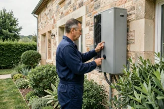 Technicien installant une pompe à chaleur sur une maison en Nouvelle-Aquitaine