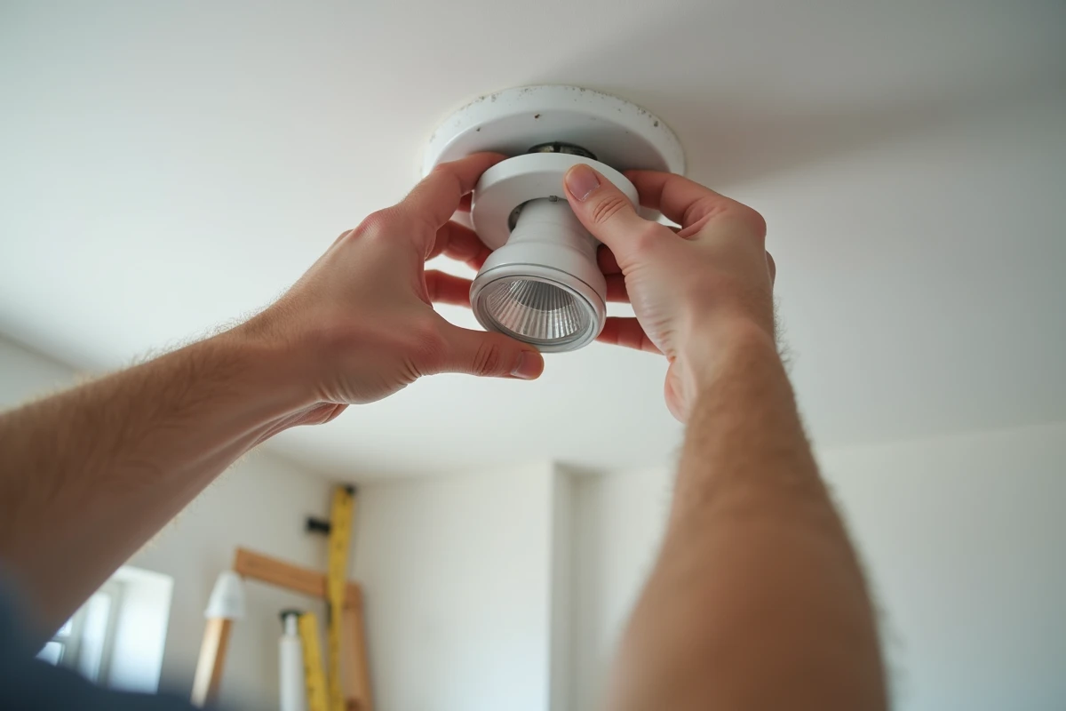 Mains masculines installant une ampoule GU10 dans un spot encastré au plafond avec différents types de culots visibles au sol