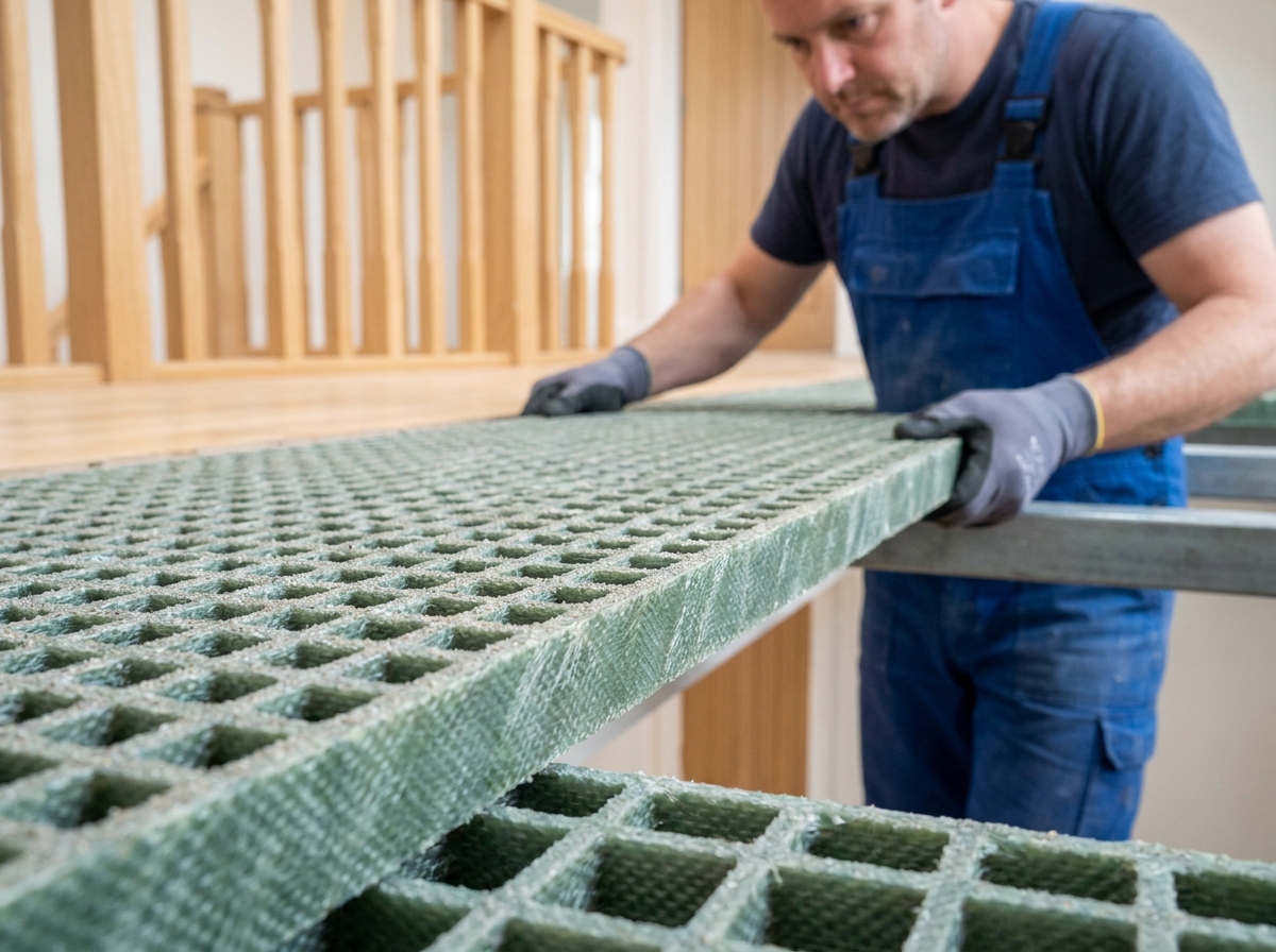 Pose de caillebotis polyester antidérapant par un technicien sur une mezzanine résidentielle en bois