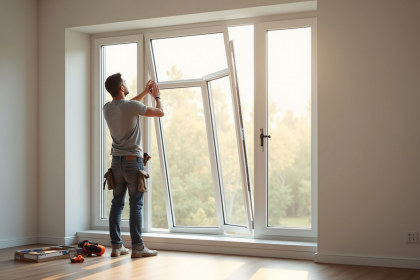 Installation d'une fenetre PVC blanche dans un salon lumineux