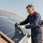Technicien installant un kit de panneaux solaires thermiques sur un toit de maison résidentielle