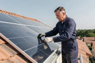 Technicien installant un kit de panneaux solaires thermiques sur un toit de maison résidentielle