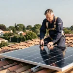 Technicien installant un panneau solaire LG sur un toit de maison individuelle en tuiles