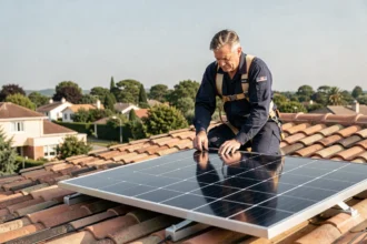 Technicien installant un panneau solaire LG sur un toit de maison individuelle en tuiles