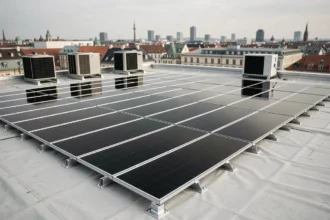 Installation de panneaux solaires sur toit plat d'un bâtiment commercial en milieu urbain