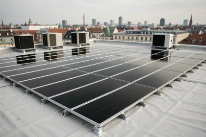 Installation de panneaux solaires sur toit plat d'un bâtiment commercial en milieu urbain