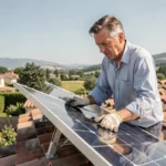 Installateur posant des panneaux solaires monocristallins sur un toit de maison individuelle en France
