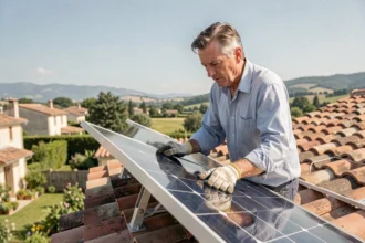 Installateur posant des panneaux solaires monocristallins sur un toit de maison individuelle en France