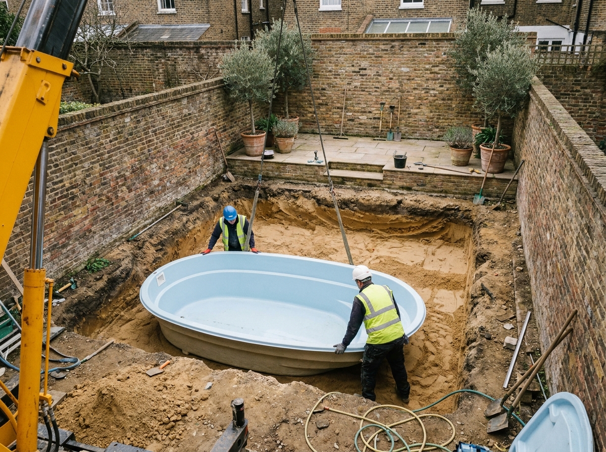 Installation professionnelle d'une piscine coque ovale dans un petit jardin urbain avec ouvriers