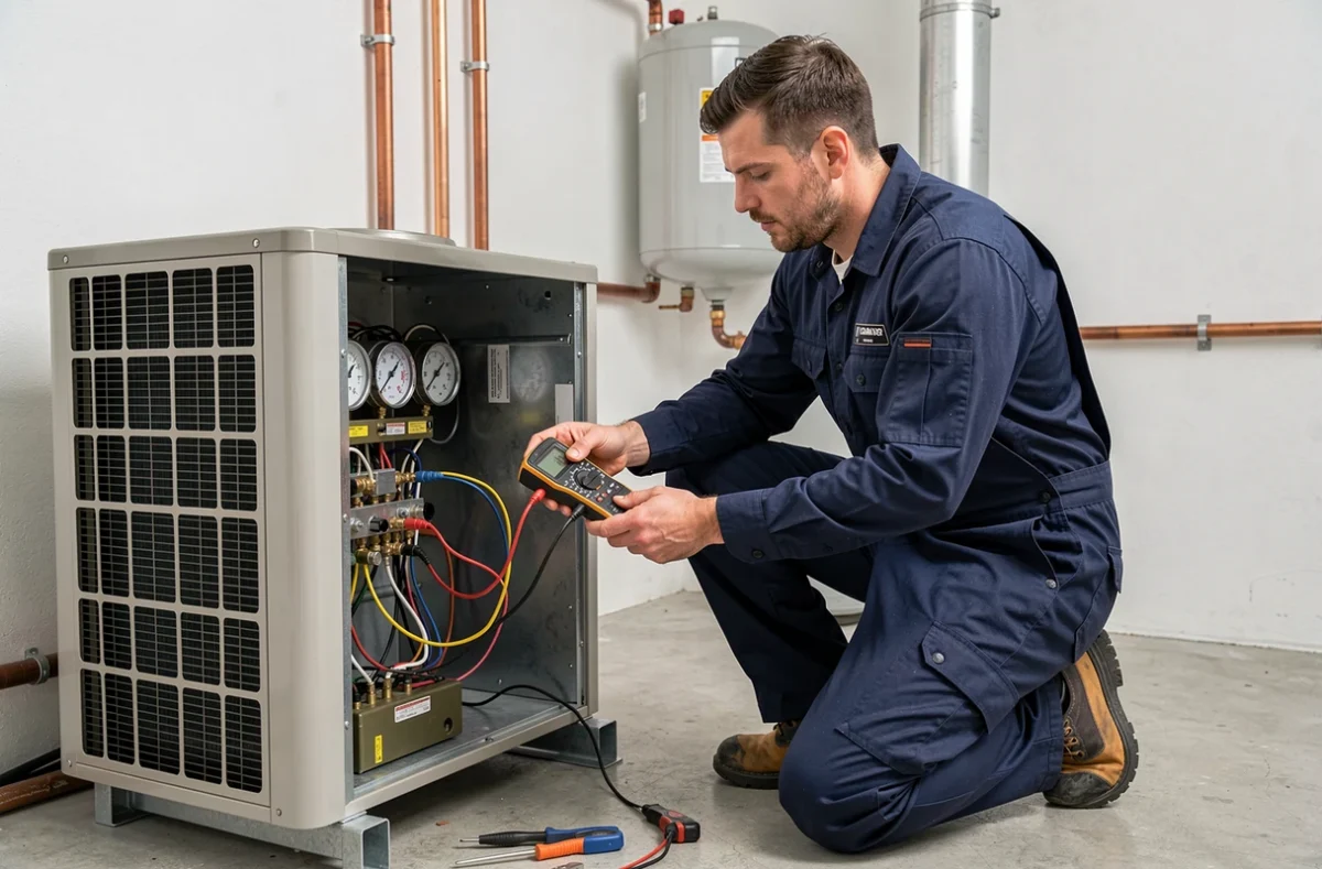 Technicien installant une pompe à chaleur air-eau monobloc dans une chaufferie résidentielle