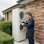 Technicien en train d'installer une pompe à chaleur air-eau sur la façade extérieure d'une maison moderne