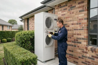 Technicien en train d'installer une pompe à chaleur air-eau sur la façade extérieure d'une maison moderne