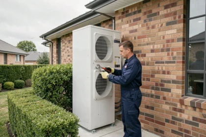 Technicien en train d'installer une pompe à chaleur air-eau sur la façade extérieure d'une maison moderne