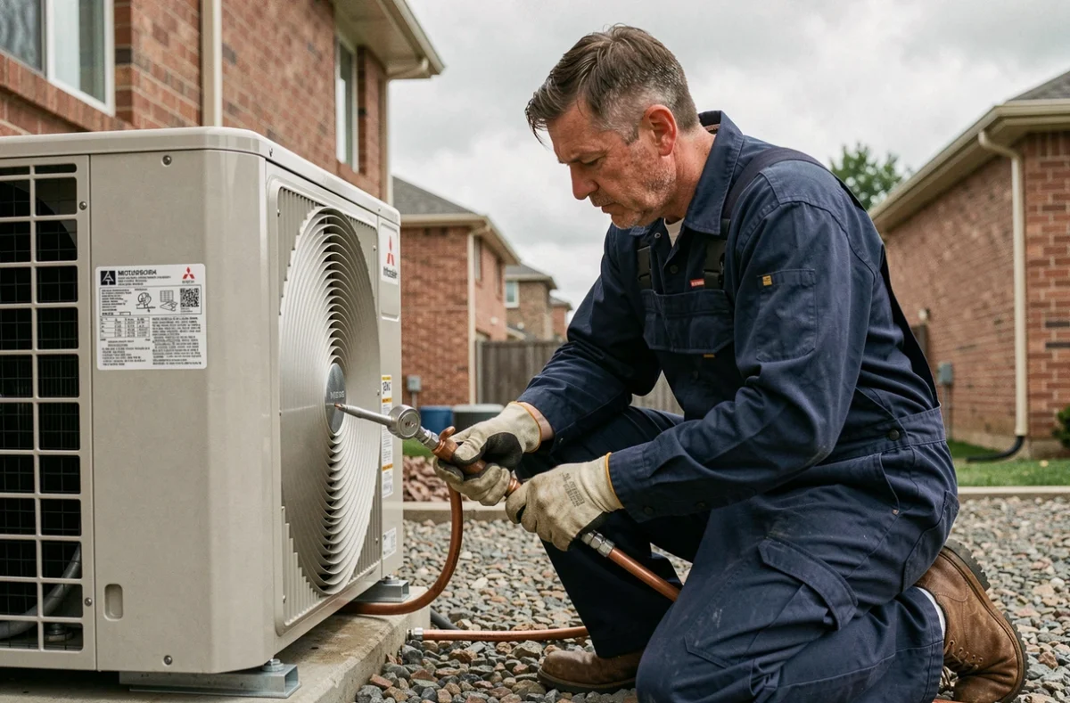 Technicien installant une pompe à chaleur Mitsubishi 12 kW lors d'une intervention professionnelle