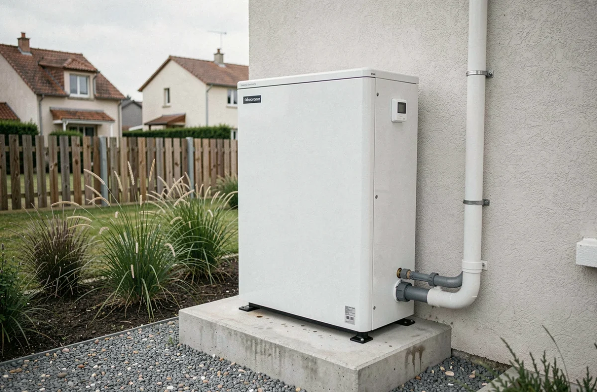 Pompe à chaleur air-eau installée sur dalle béton dans un pavillon résidentiel de la région d'Angers
