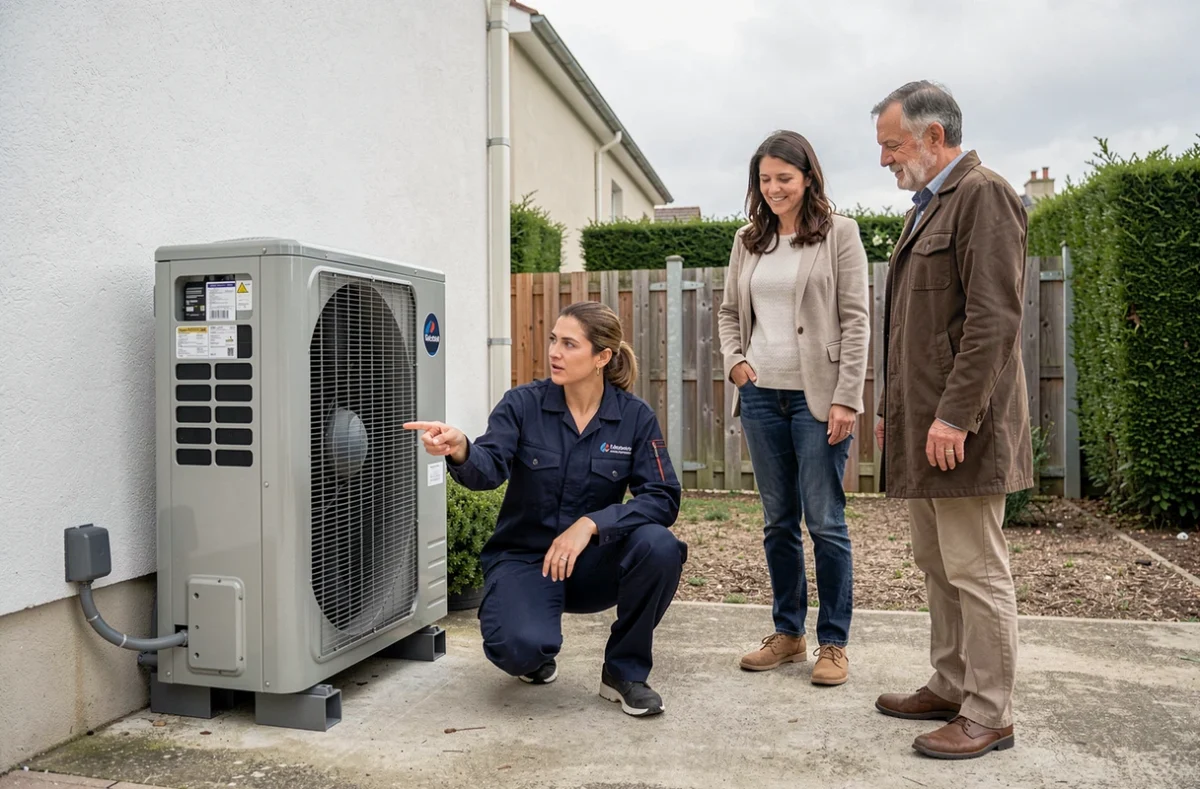 Technicienne expliquant le fonctionnement d'une pompe à chaleur air-air à des propriétaires dans leur jardin