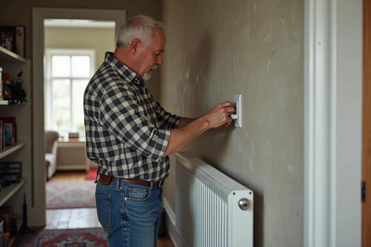 Homme âgé installant un radiateur sur un mur dans un bureau maison