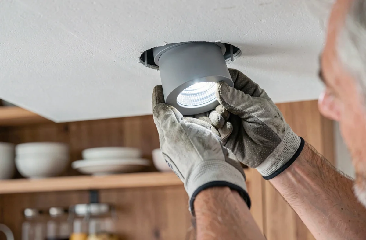 Gros plan sur l'installation d'un spot LED encastrable au plafond d'une cuisine par un électricien portant des gants de travail