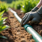 Jardinier installant des tuyaux de drainage colorés sous sable dans un jardin