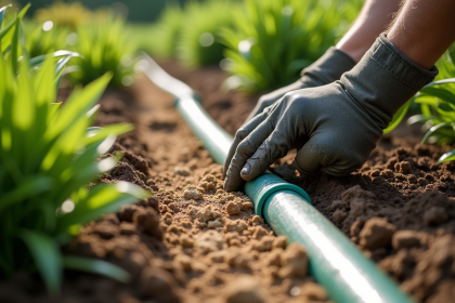 Jardinier installant des tuyaux de drainage colorés sous sable dans un jardin