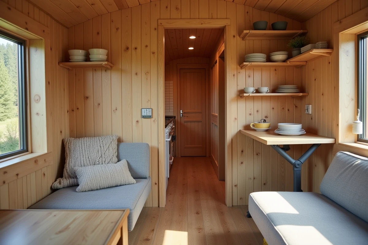Intérieur chaleureux d'un chalet en bois 20m2 pas cher avec cuisine ouverte, lambris en pin et mobilier compact