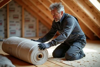 Ouvrier couvreur examinant l'isolant TRISO Noir dans un grenier
