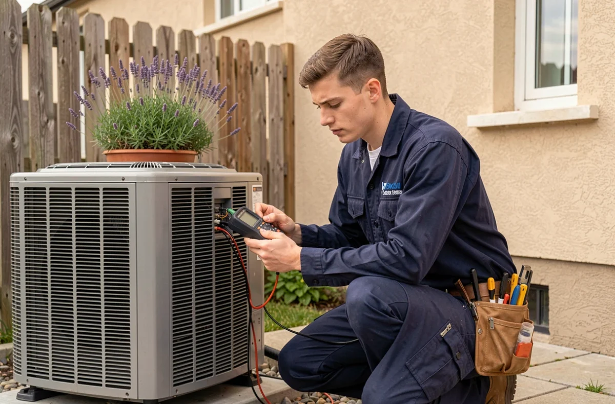 Technicien JB Climat Service vérifiant les connexions électriques d'une pompe à chaleur résidentielle