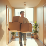 Jeune adulte portant cartons dans un couloir lumineux