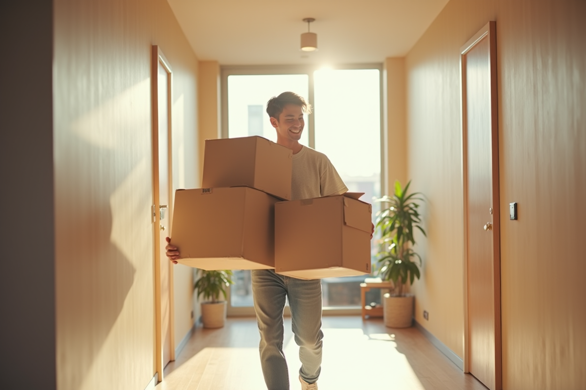 Jeune adulte portant cartons dans un couloir lumineux
