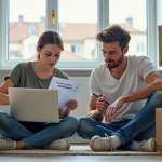 Jeune couple plan de face en appartement en transition