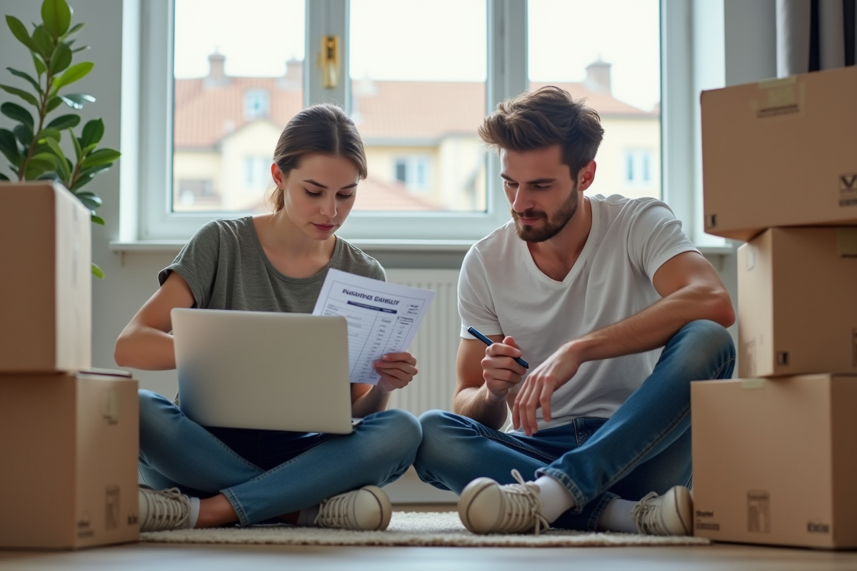 Jeune couple plan de face en appartement en transition