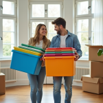 Jeune couple portant des bacs colorés dans un salon lumineux