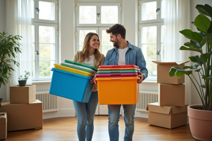Jeune couple portant des bacs colorés dans un salon lumineux