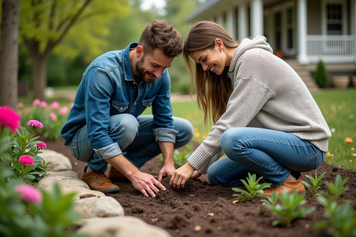 Jeune couple plantant des fleurs dans le jardin