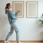 Jeune femme ajustant des cadres d'art dans un salon moderne