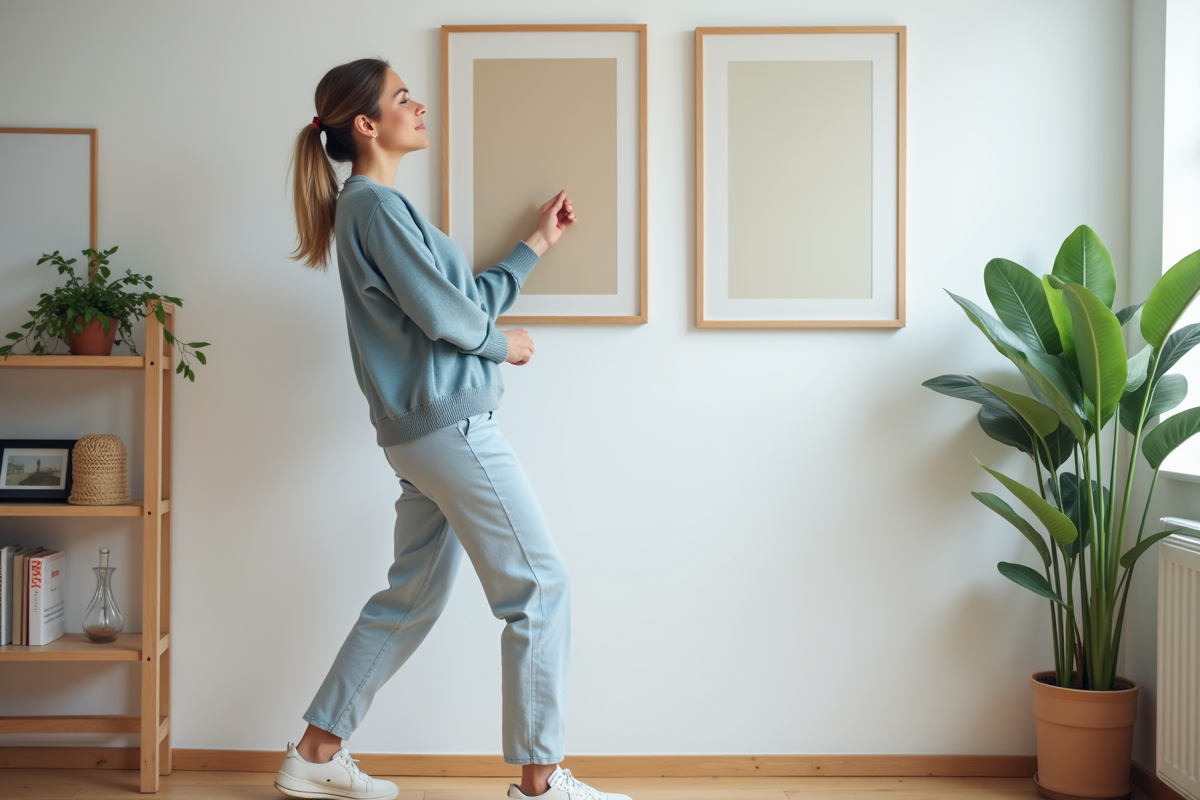 Jeune femme ajustant des cadres d'art dans un salon moderne