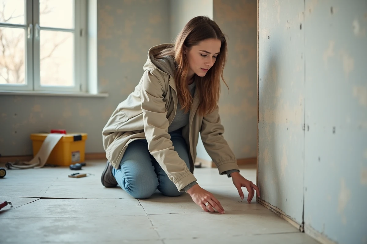 Jeune femme posant du fil fourré dans une pièce rénovée